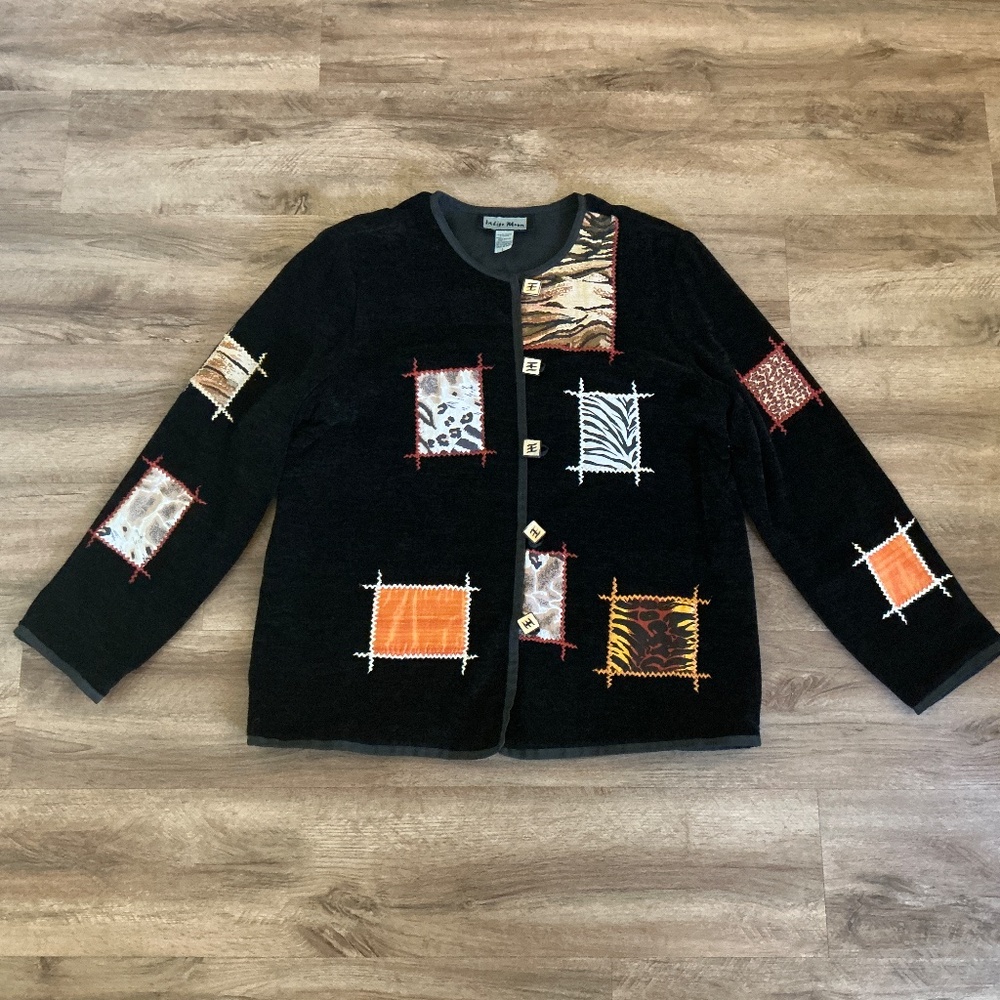 VTG Jacket Indigo Moon Women L Black Patchwork Boho Artsy Festival Fall Animal - Picture 2 of 16